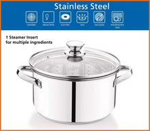 Stainless steel steamer pot with glass lid and steamer insert.