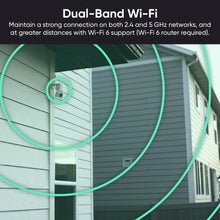 Wall-mounted white security camera with green Wi-Fi signal coverage circles