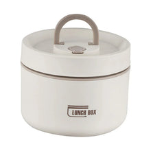 White insulated lunch box with round handle and “LUNCH BOX” logo on front