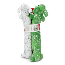 Stuffed plush loofa dog toy, white and green with snowflake pattern