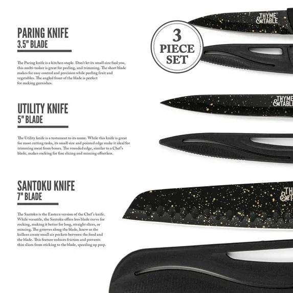 Thyme & Table Non-Stick Coated High Carbon Stainless Steel Speckled Kitchen Knives, 3 Piece Set - USA MEGA SHOP