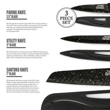 Three black kitchen knives with speckled blades and ergonomic cutout handles