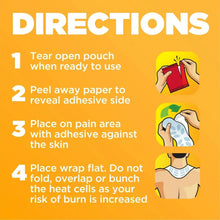 Neck heat wrap directions diagram showing adhesive side placement on skin