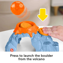 Volcano boulder launcher toy with orange boulder and blue rocky play base