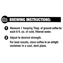 Ground coffee brewing instructions panel with measuring and storage directions.