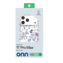 Retail box for clear blue floral phone case with onn branding, iPhone 17 Pro Max