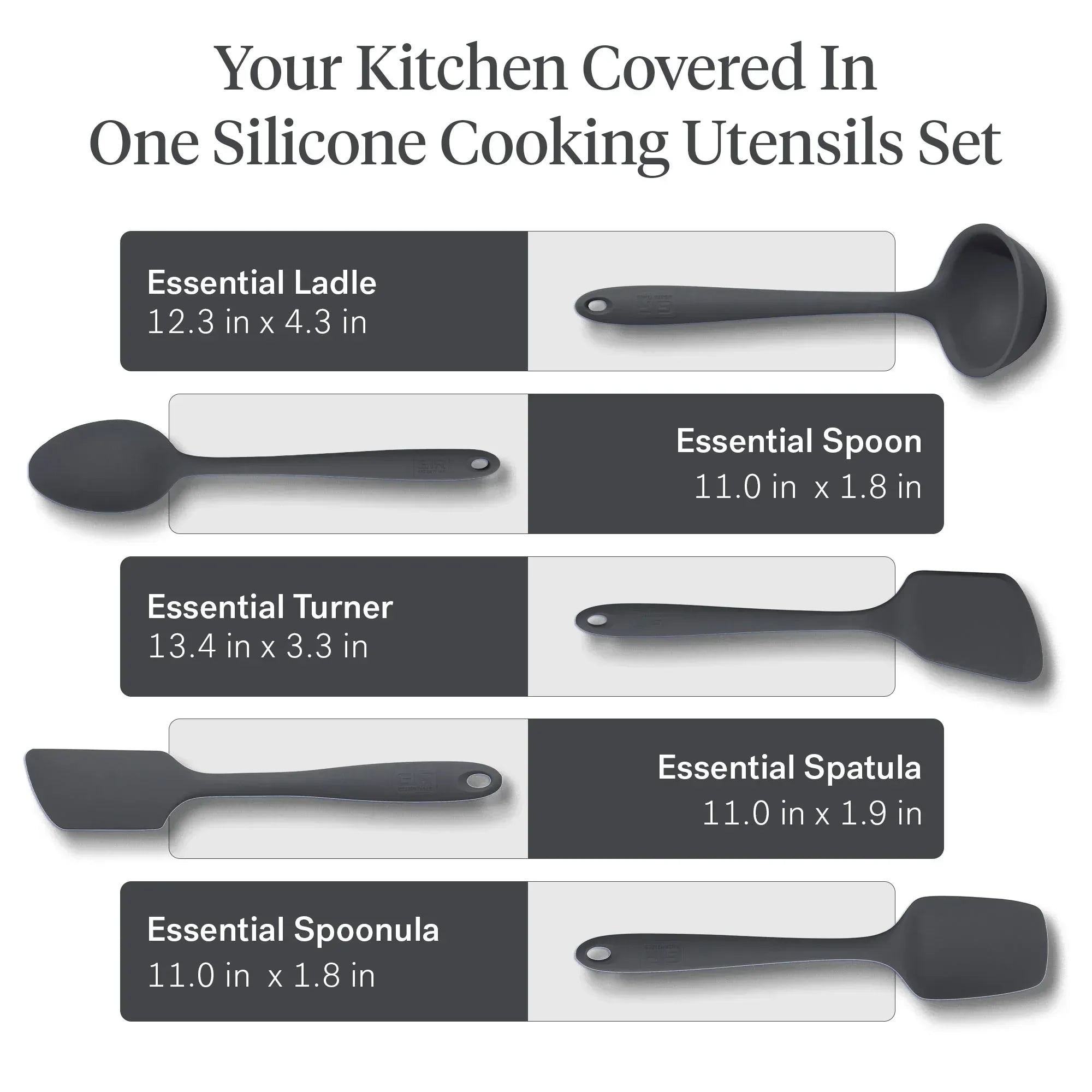 GIR: Get It Right 5 Piece Silicone Essentials Kitchen Utensils Set - Ladle, Spatula, Flip, Spoon & Spoonula - Non-Toxic Cooking Utensils for Nonstick Cookware, Cooking and Baking - Charcoal