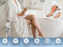Shower chair stool with round seat and blue anti-slip feet, shown seated in a tub
