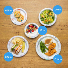 Disposable paper bowls with food samples and size callouts: 10 oz and 20 oz
