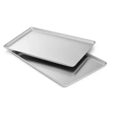Half-size aluminum sheet pan, silver with raised rim and side handles