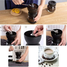 Manual coffee grinder in use with hands filling beans and a cup