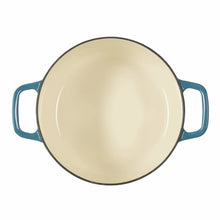 Cream enamel Dutch oven lid with gold knob and blue side handles