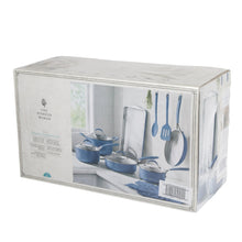 Blue ceramic cookware set box with pictured pots, tools, and utensils