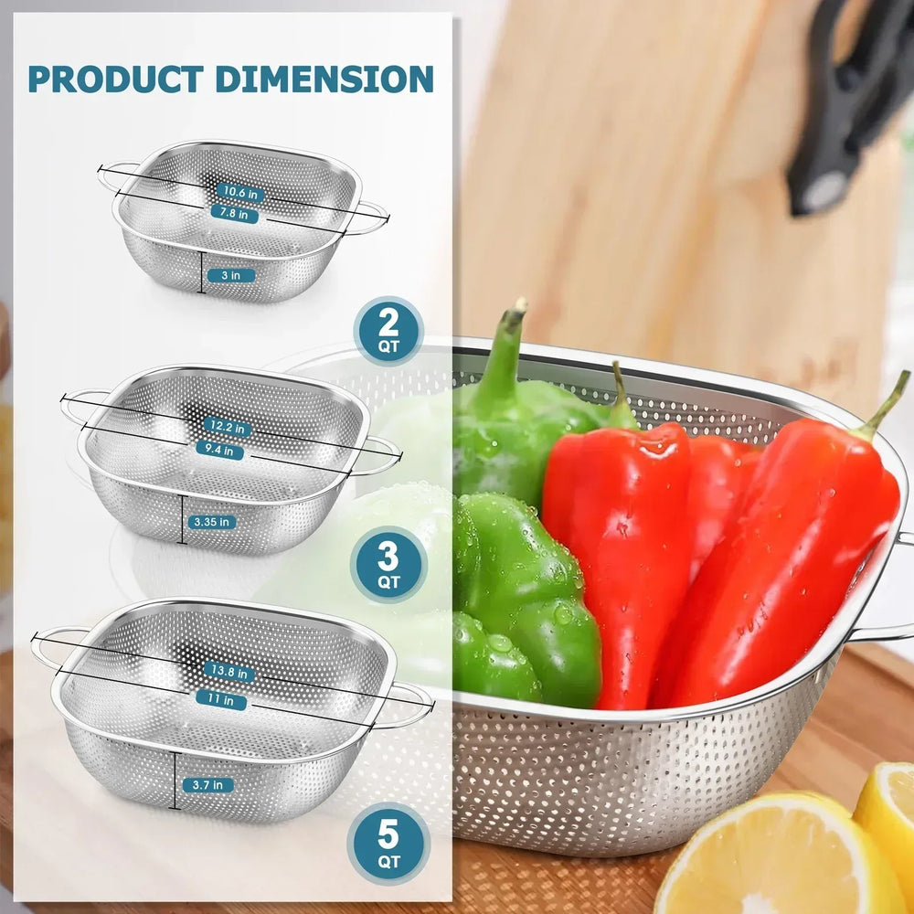 VeSteel Colander Set of 3, Stainless Steel Micro-Perforated Colanders Strainers for Draining Rinsing Washing, Ideal for Pasta Vegetables Fruits, Heavy Duty & Dishwasher Safe - USA MEGA SHOP