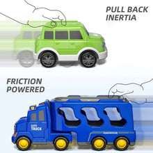 Blue city truck carrier toy with side bays; lime green pull-back car on track