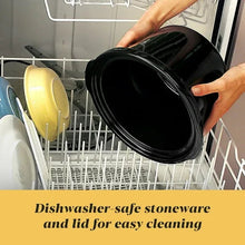 Black slow cooker stoneware insert placed in a dishwasher rack