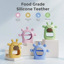 Assorted silicone wrist teethers in blue, pink, yellow, and green with diver and giraffe shapes