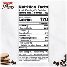 Nutrition Facts for Milano milk chocolate cookies, 3 cookies per serving (33g)