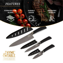 Kitchen knife set with black handles and notched blade spines