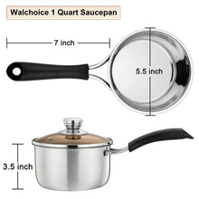 Stainless steel saucepan with transparent lid and black handle, showing overall shape and sizes