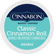 Classic Cinnamon Roll K-Cup pod lid with Cinnabon label on turquoise circle