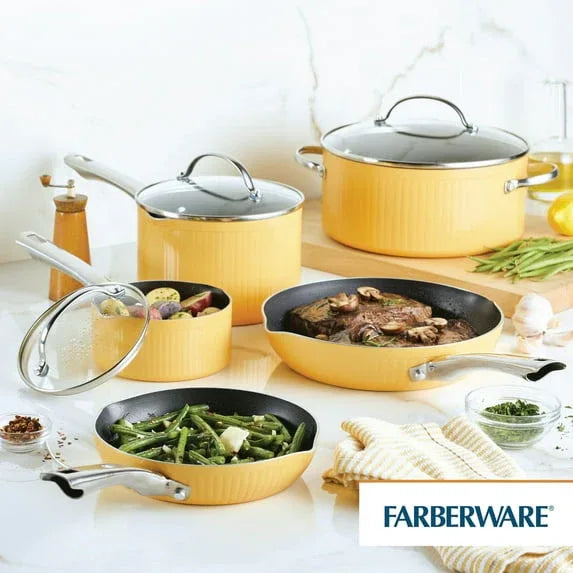 Farberware Style 10 Pcs Nonstick Cookware Set with Cooking Tools, Dishwasher Safe and Oven Safe to 500°F, Yellow