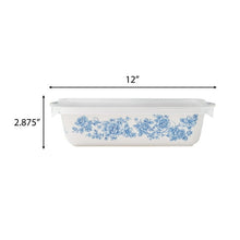 Rectangular 7 x 11 in baking dish with lid, white with blue floral strip