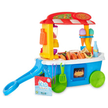 Food cart toy with side handle, hotdog rack, cone holders, and large wheels