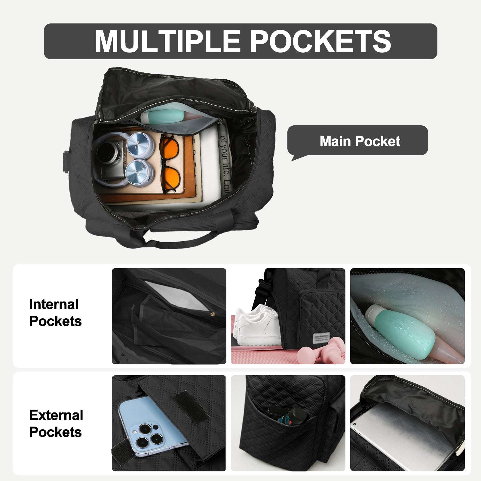 DAKIMOE Travel Duffle Bag for Women Men, Weekender Bags Carry on Gym Bag with Wet Pocket/Adjustable Strap/Shoe Compartment, Foldable Waterproof Overnight Tote Bag for Plane Sports Dance, Black