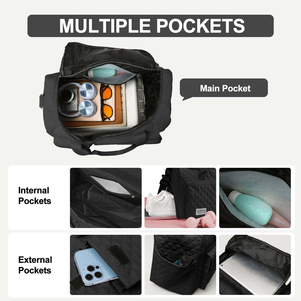 DAKIMOE Travel Duffle Bag for Women Men, Weekender Bags Carry on Gym Bag with Wet Pocket/Adjustable Strap/Shoe Compartment, Foldable Waterproof Overnight Tote Bag for Plane Sports Dance, Black