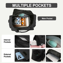 Black travel duffel bag with main compartment plus internal and external storage pockets