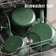 Green nonstick saucepans with lids in dishwasher rack, circular bases visible