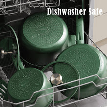 Green nonstick cookware set arranged in dishwasher rack