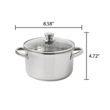 Stainless steel steamer pot with glass lid and side handles, compact size view.
