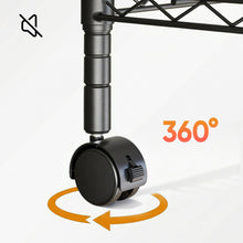 Black caster wheel with 360-degree swivel on metal shelving leg