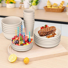 Beige wheat straw dinnerware set with stacked cups, bowls, and dessert plate