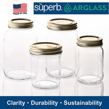 Clear wide-mouth glass canning jars with gold-tone screw lids, 4-pack view