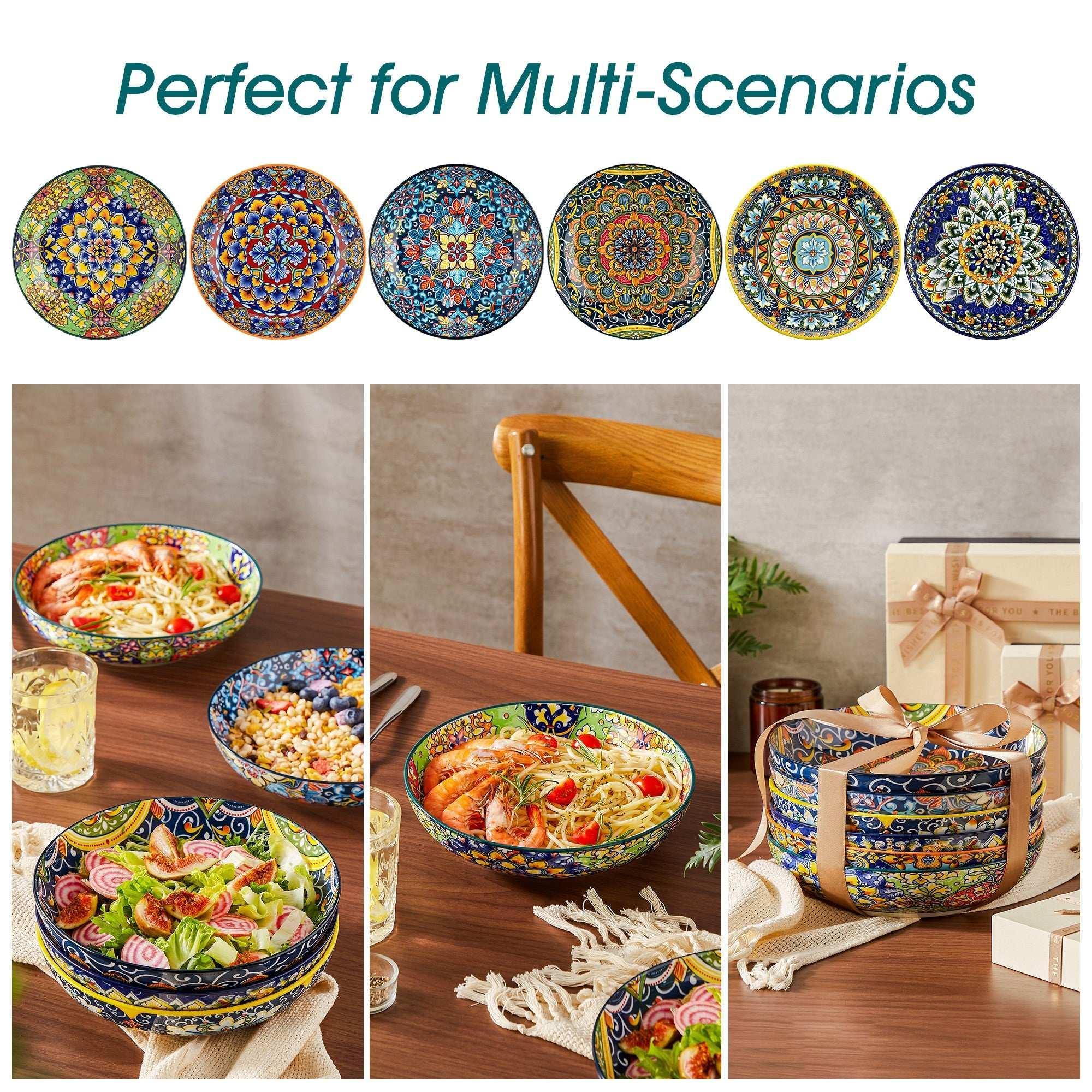 Malacasa Pasta Bowls, Ceramic Salad Bowls Set of 6, 42 oz Large Corlorful Serving Bowls for Kitchen, Dishwasher Microwave Safe Soup Bowls Set, Pasta Plates - USA MEGA SHOP