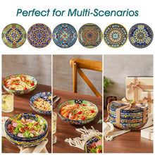 Set of six colorful ceramic bowls with blue floral patterns, assorted designs