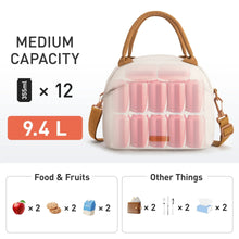 Insulated lunch tote bag with clear front compartment window, 12-slot design