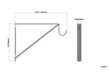 White closet rod bracket with curved hook and triangular support, with dimensions