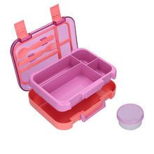 Pink glitter kids bento box open with removable tray, 4 compartments, spoon and fork slots