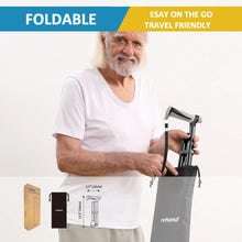 Black foldable walking cane with carry bag, shown folded with adjustable height sections