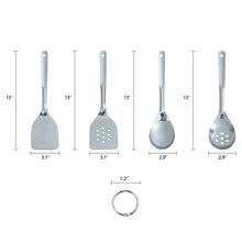 Stainless steel utensil set size view with hanging ring and four tool heads