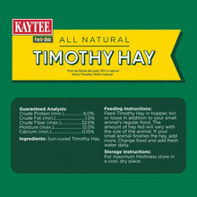All Natural Timothy Hay label with Kaytee logo and feeding/storage instructions panel