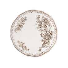 Stoneware dinner plate with floral rose bouquet pattern, white with brown rim