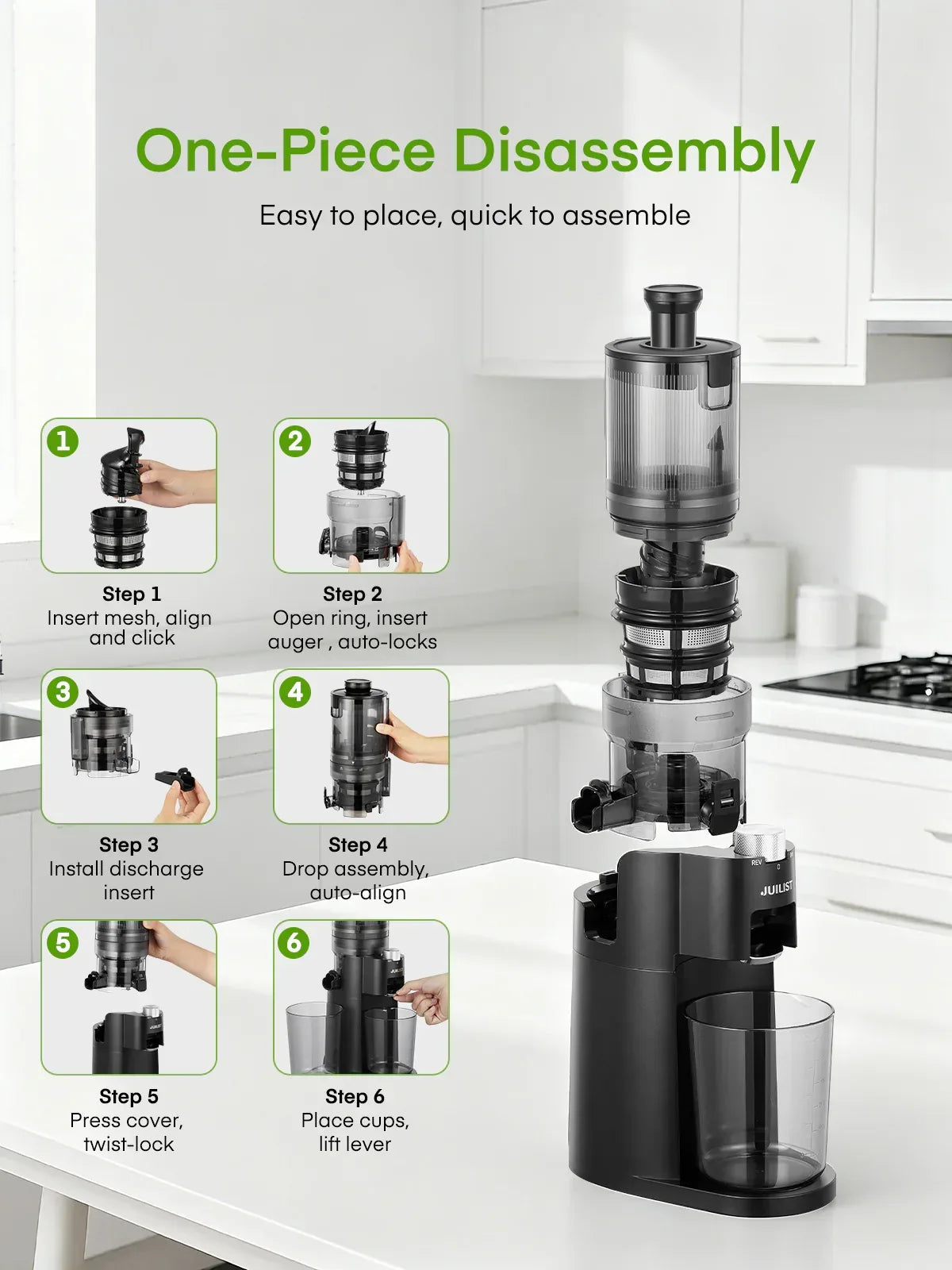 Juicer Machines, 4.13 Inch Cold Press Juicer, Slow Masticating Juicer – for Whole Fruits & Vegetables, Quiet, High Juice Yield, Easy to Clean, BPA Free (Black)