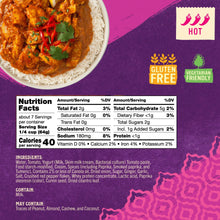 Nutrition Facts and ingredients panel on Patak's Spicy Tikka Masala simmer sauce label
