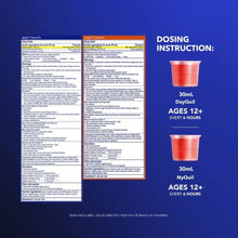 Dosing instruction graphic with two 30 mL cups for DayQuil and NyQuil, ages 12+