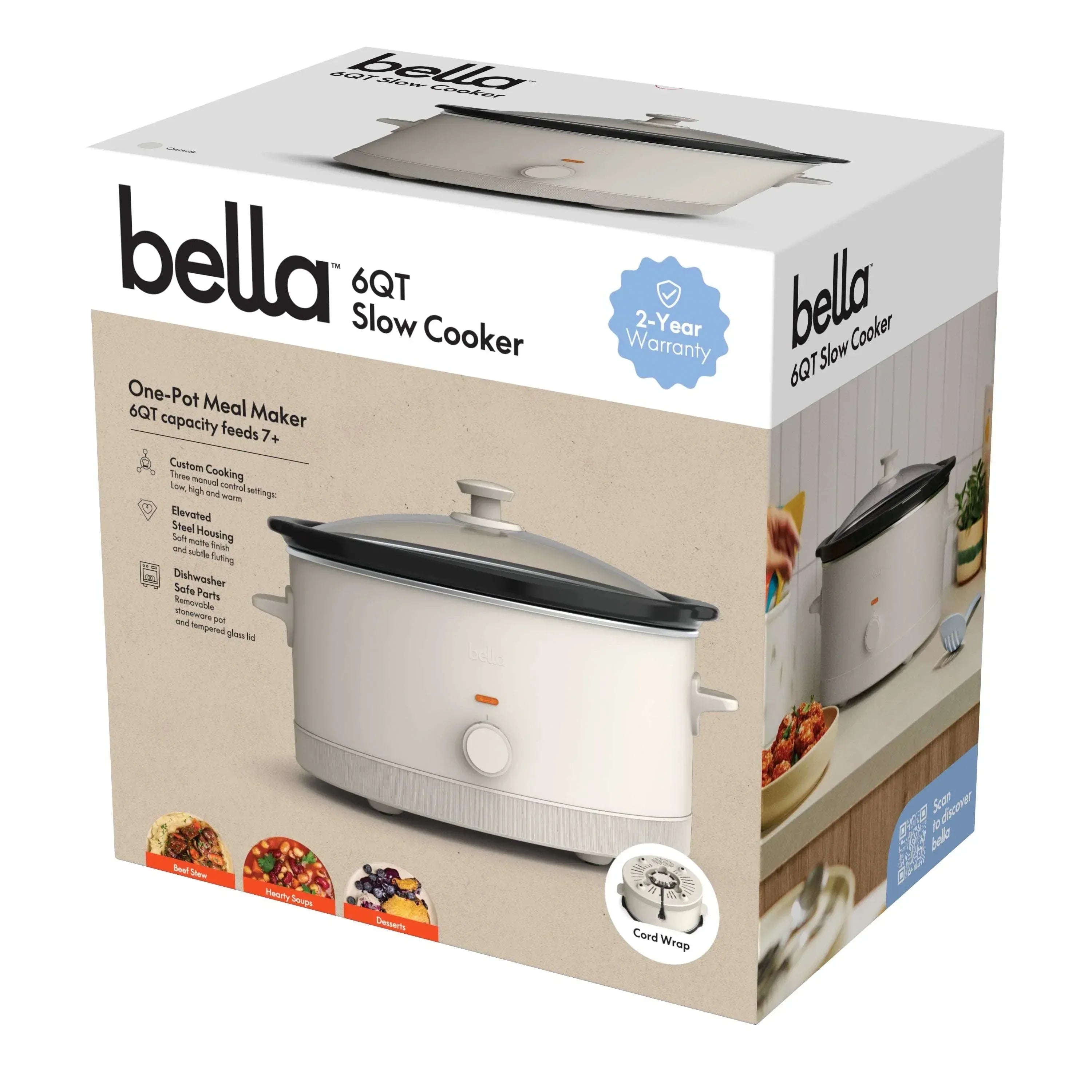 bella 6 Qt Manual Slow Cooker with 3 Temperature Settings, Ceramic Nonstick Coating, Dishwasher Safe Stoneware Pot & Tempered Glass Lid, Oatmilk - USA MEGA SHOP
